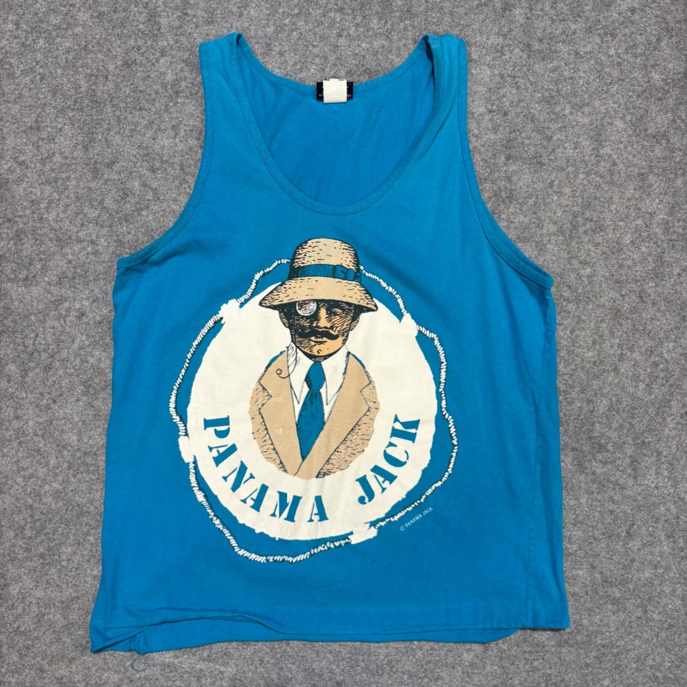 Vintage Panama Jack Tank Top Mens Large Blue Graphic Tee 1980s Made in USA